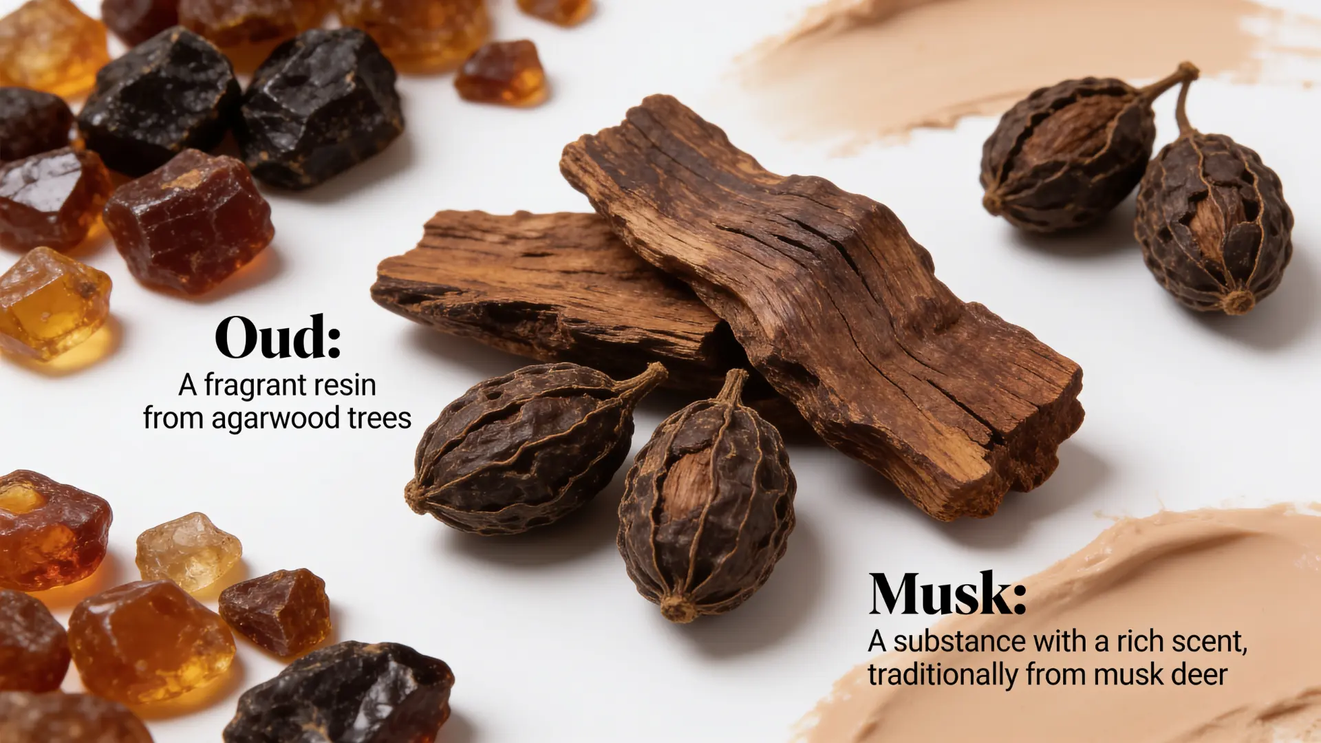 Oud and musk raw ingredients