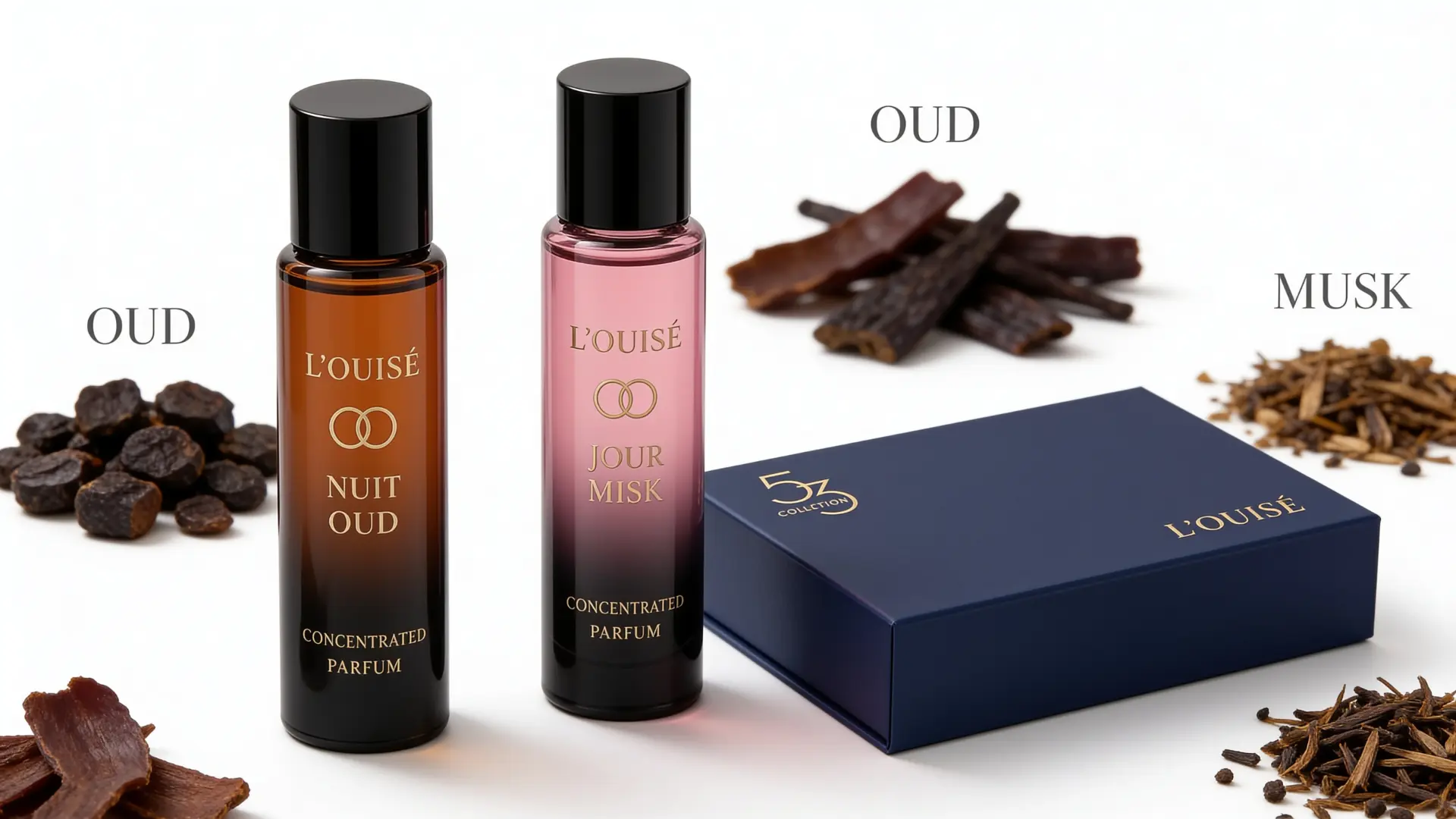 Oud and musk beside the L’OUISÉ bottles