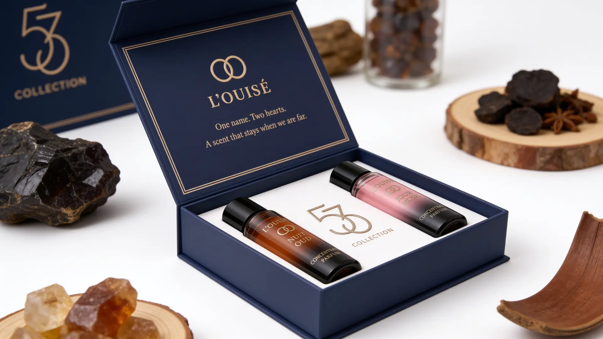 L’OUISÉ coffret surrounded by resins, oud and incense
