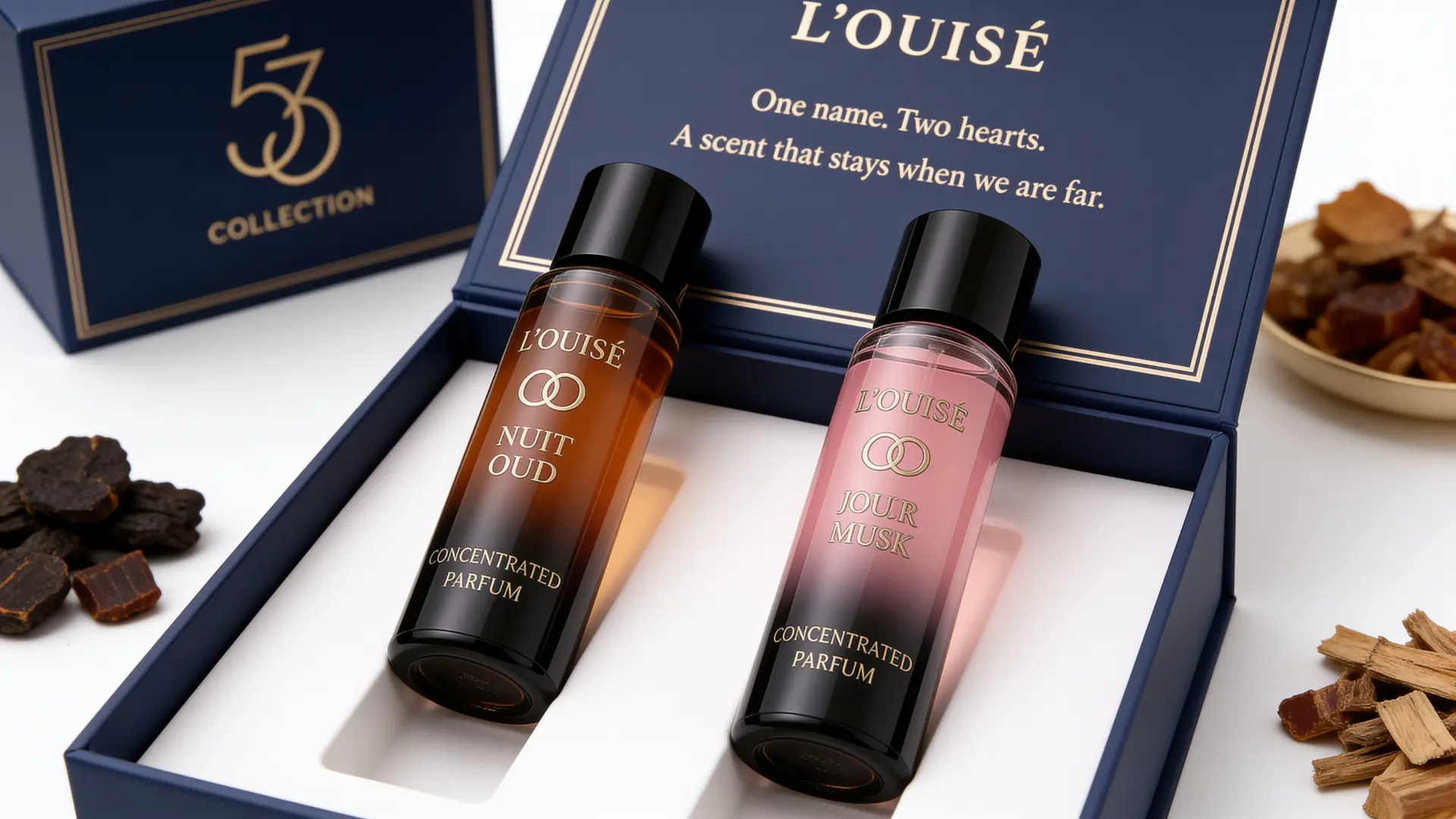 Open L’OUISÉ 53 coffret with Nuit Oud and Jour Misk